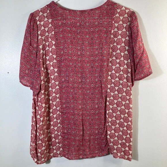 Womens Lucky Brand Short Sleeve Blouse Peep Hole Front XL Orange Cream XL Viscos - Picture 2 of 8